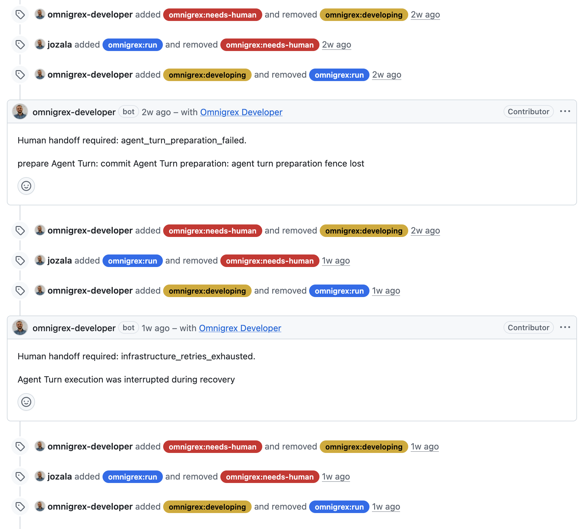 GitHub issue timeline showing repeated cycles of omnigrex:needs-human, omnigrex:run, and omnigrex:developing labels, interspersed with human handoff messages.